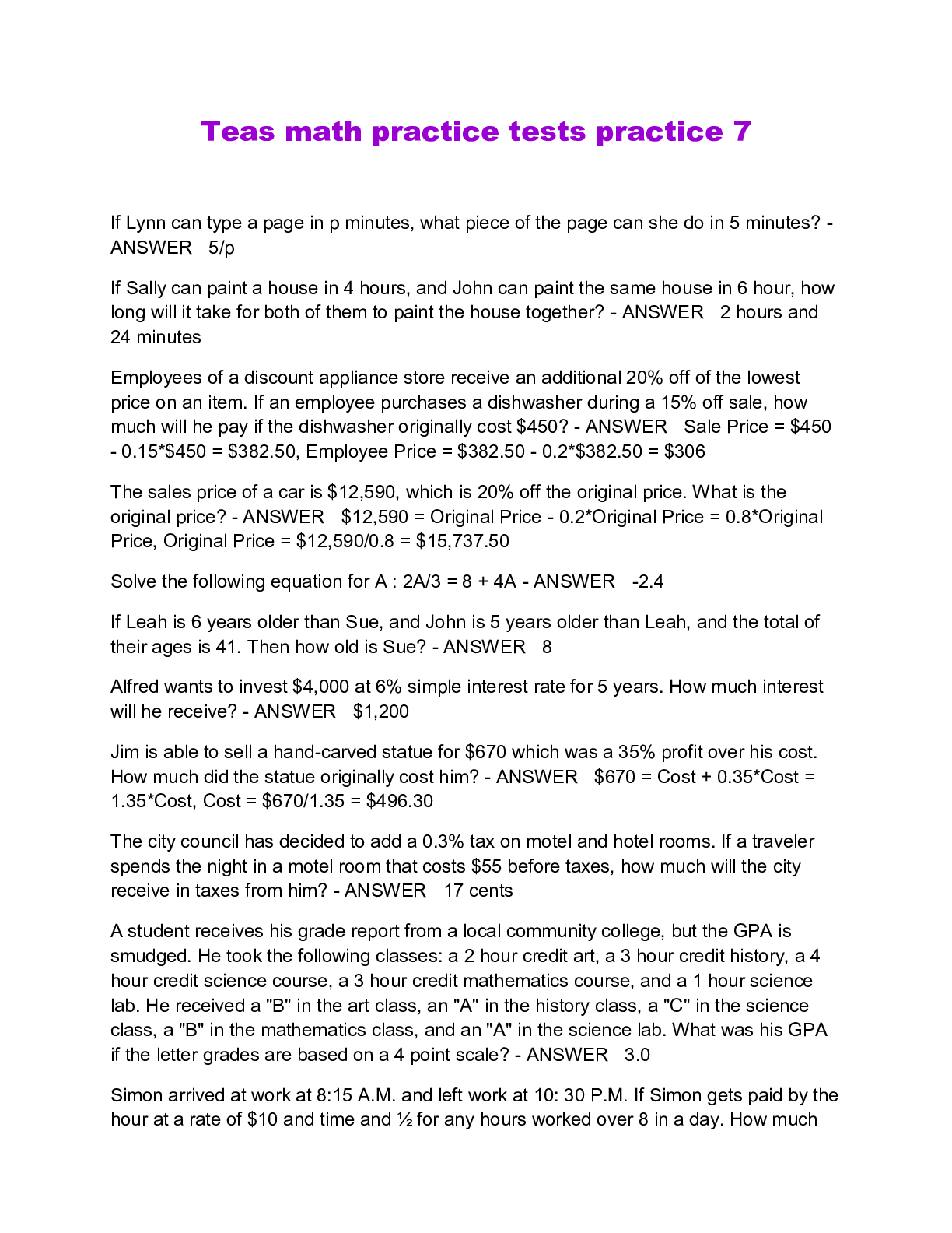 Preview of Teas math practice tests practice 7